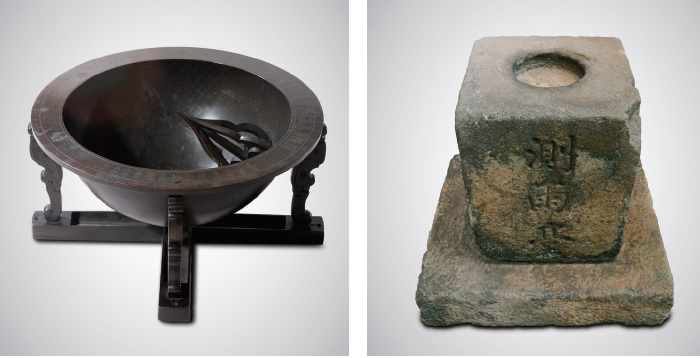 1. 양부일구(조선, 17~18세기)-시간과 계절에 따른 해 그림자의 변화를 이용한 해시계(왼쪽) (국립고궁박물관 제공) 2. 측우대(조선, 18세기)-측우기를 올려놓고 측정하던 '대구선화당측우대'(오른쪽)
