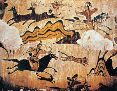 A painting of hunting scenes in the Tomb of the Dancers (5th century, Goguryeo Kingdom). Dynamic hunting activities of the people of Goguryeo (37 BCE-668 CE)